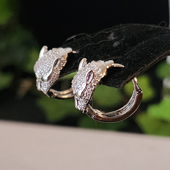 Small Silver Stainless Steel Leopard Animal Hoop Earrings  with CZ Stones - Picture 4 of 6